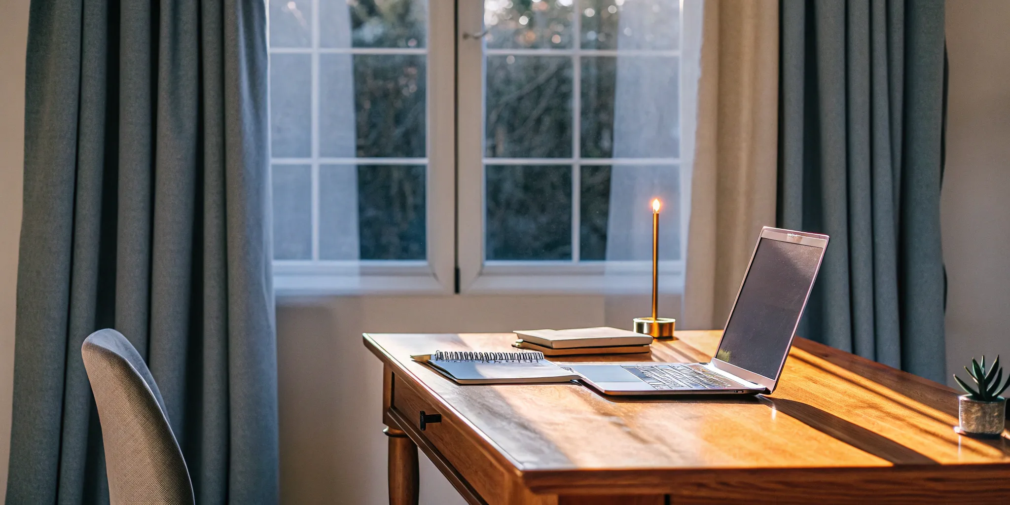 Laptop, notebook, and candle on desk by window.