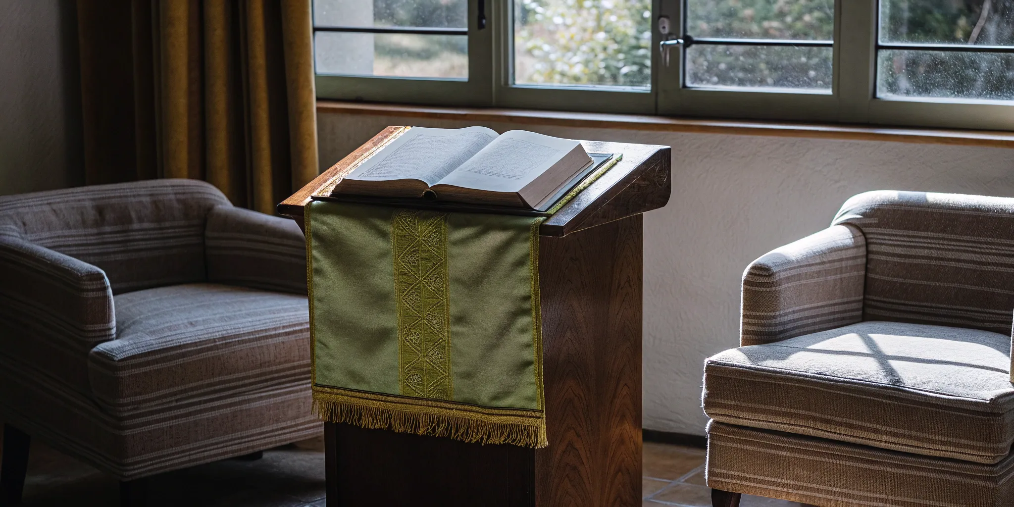 A Bible on a pulpit prepared for a service led by ordained clergy.