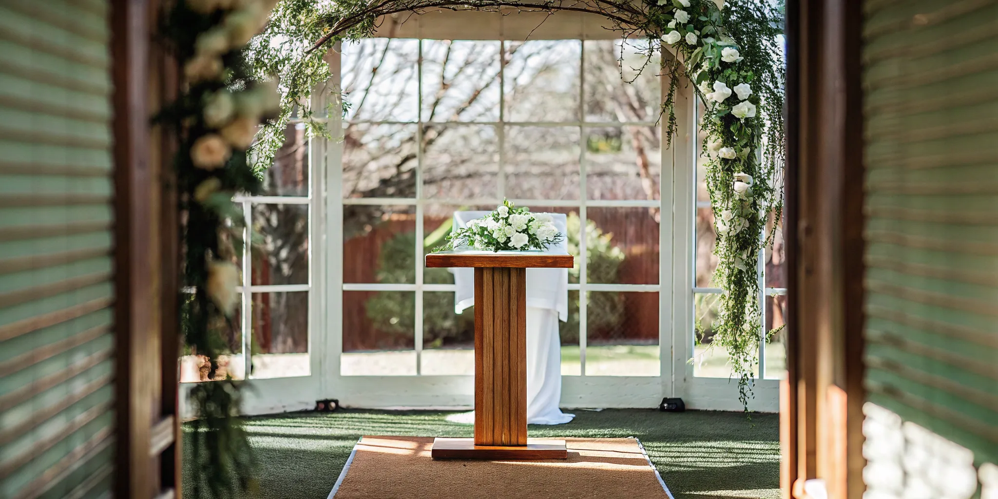 Vow renewal ceremony with a script on a podium under a floral arch with white flowers.