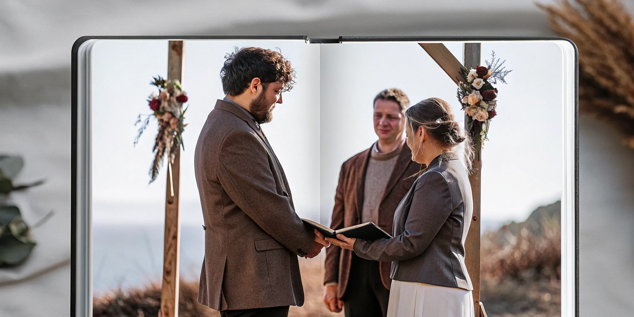 A personal elopement ceremony script being read by a couple exchanging vows outdoors.