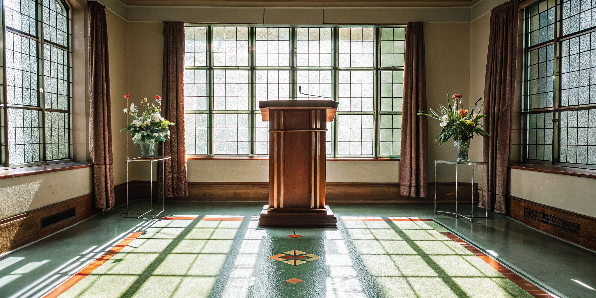 A pastor officiant's wooden podium in a sunlit room, prepared for a wedding ceremony.