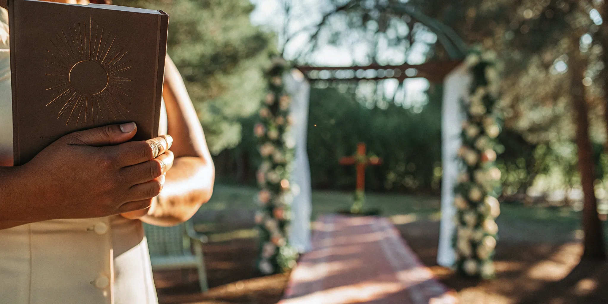 Wedding officiant at an altar after learning how to get ordained quickly.