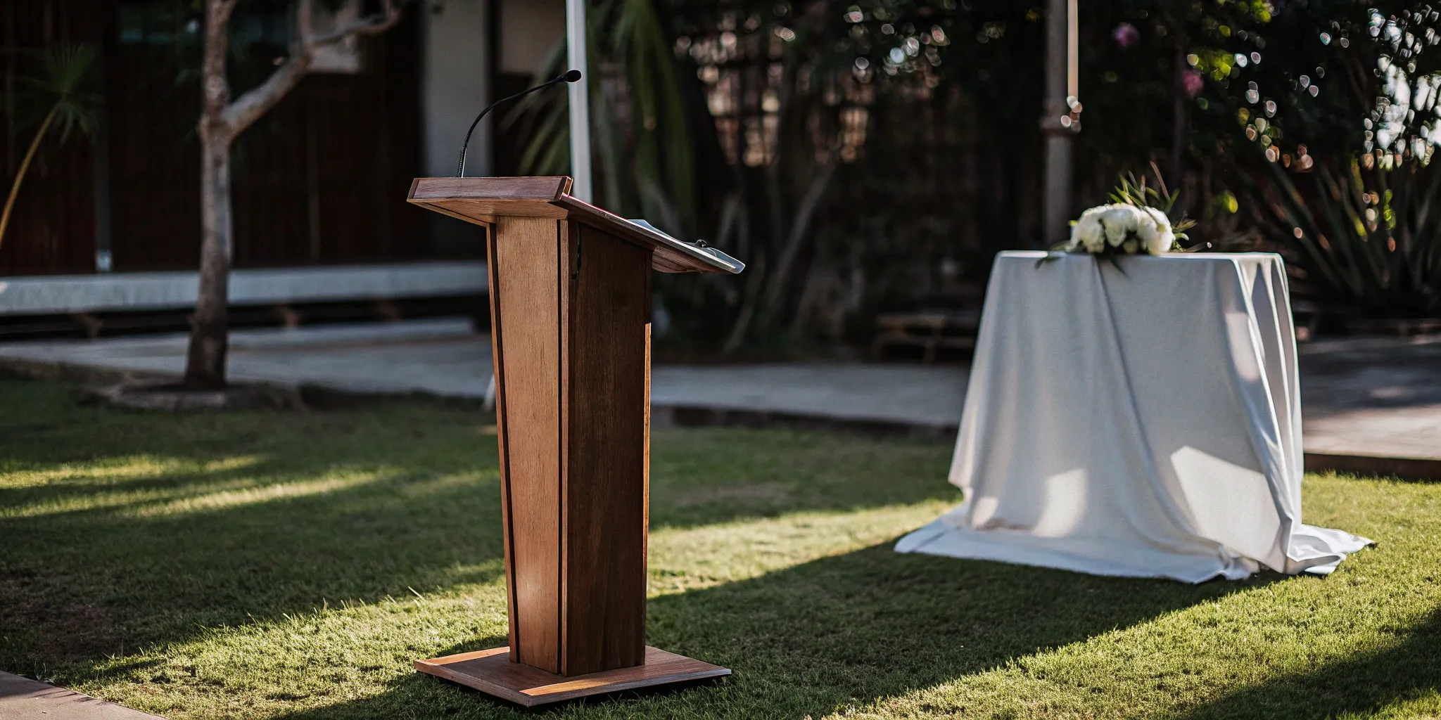 Wedding ceremony podium ready for an officiant who got certified to officiate online.