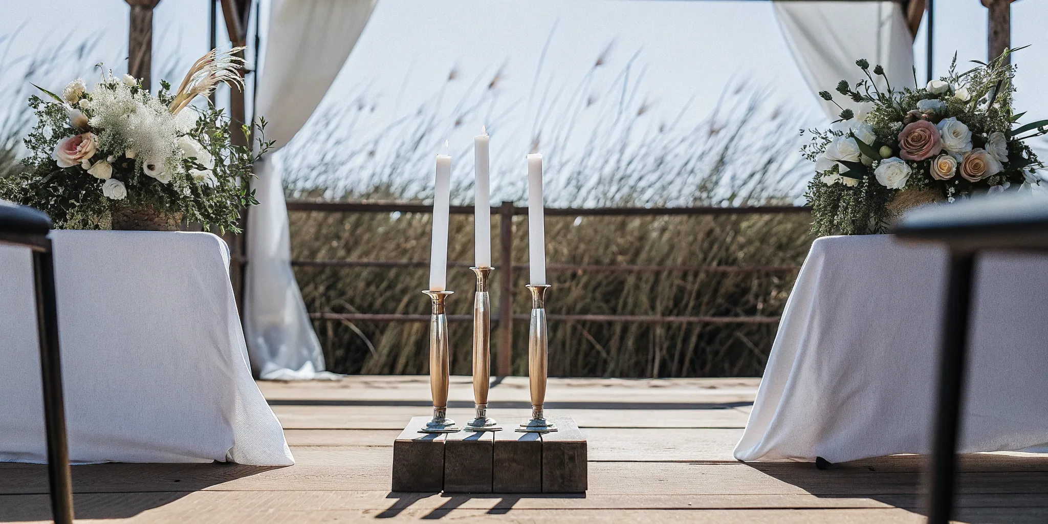 Wedding ceremony altar with unity candles, a popular element for a custom ceremony script.