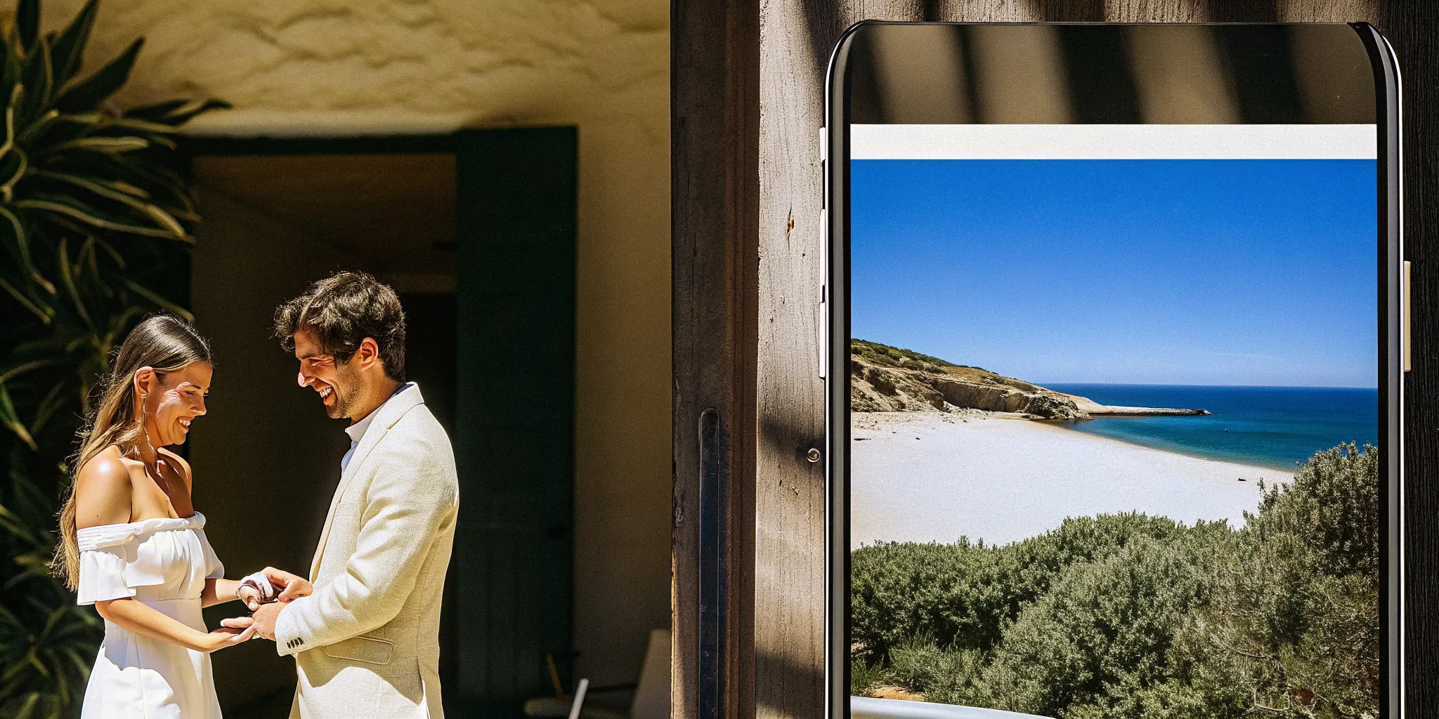 A person getting ordained on a phone for a couple's destination beach wedding.