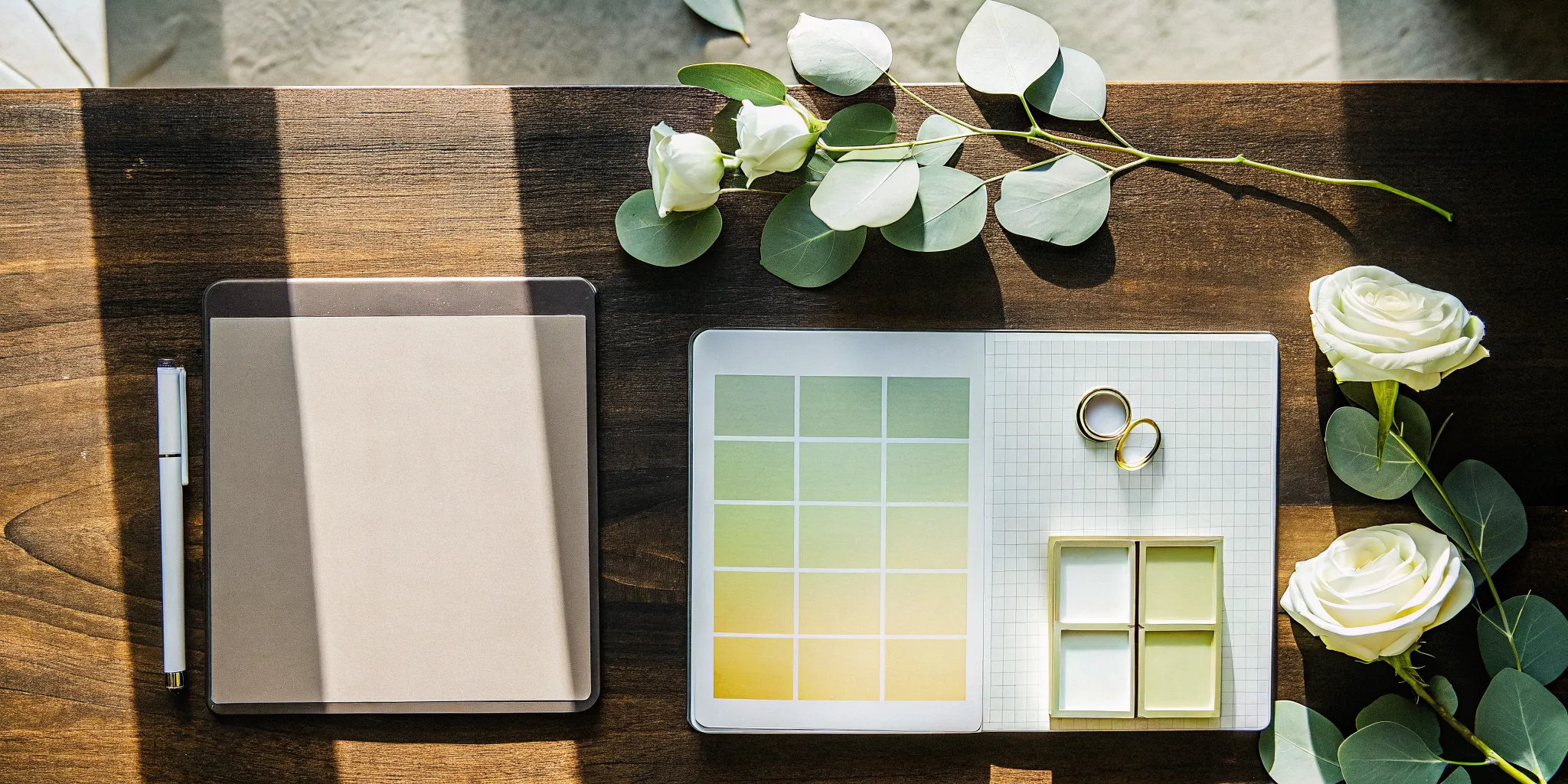 A pricing guide for how to charge for wedding services on a desk with rings and a notepad.