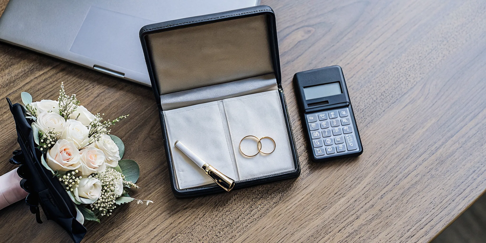 Calculating professional wedding officiant earnings on a laptop with a calculator, rings, and a bouquet on the desk.