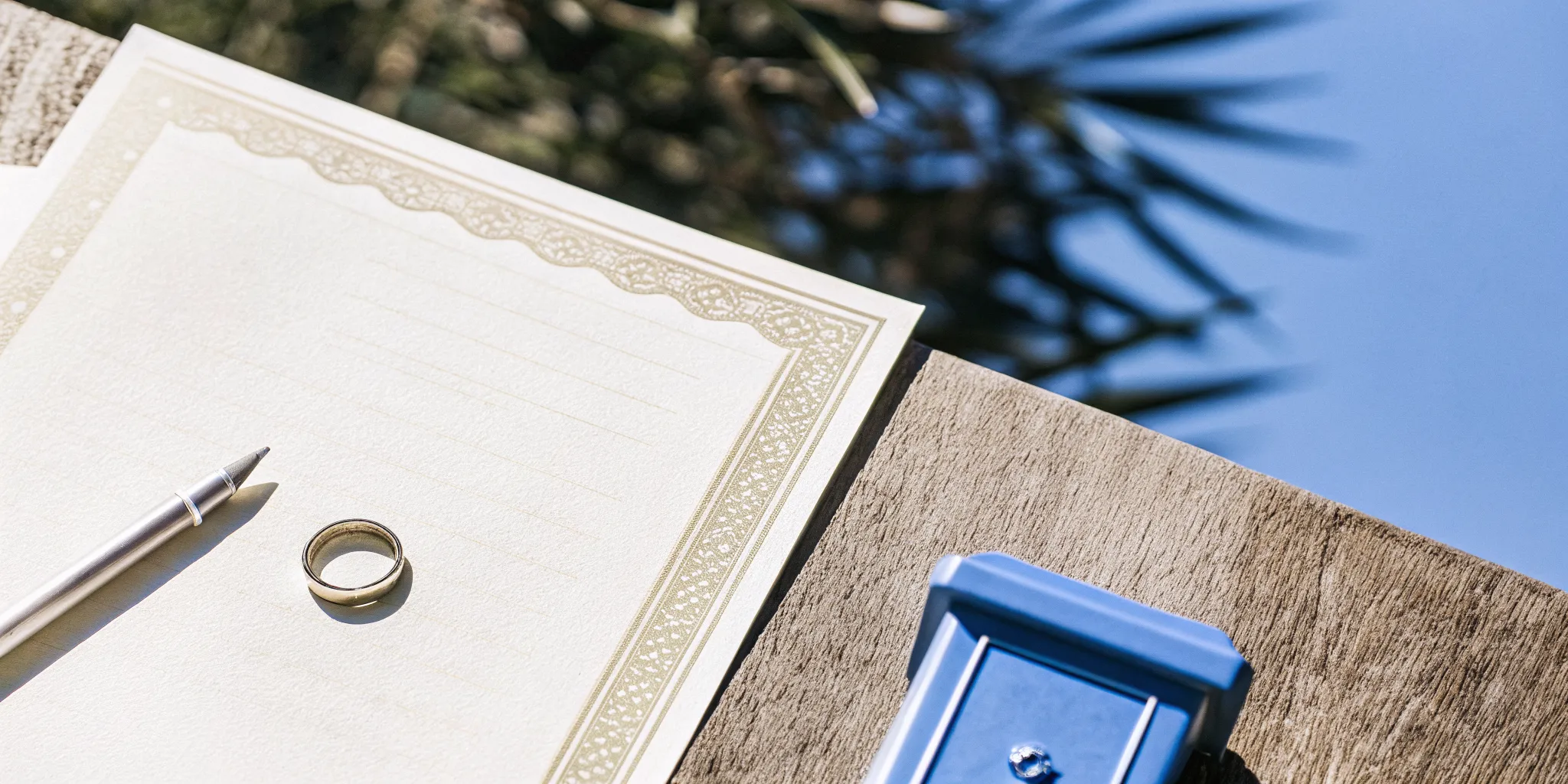 A signed marriage license with a pen and wedding ring, ready to be sent to the correct office.