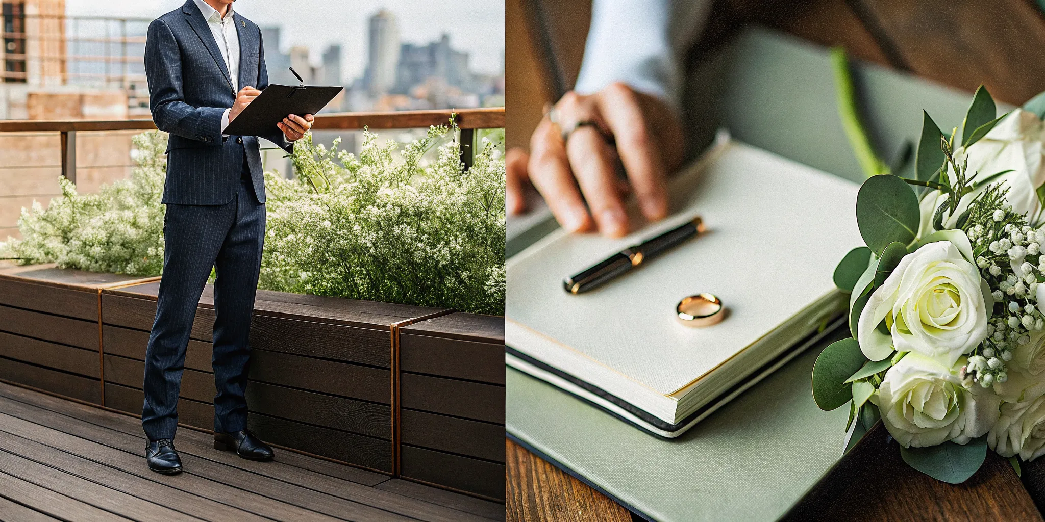 A one-day officiant in NYC organizes wedding documents beside flowers and wedding rings.