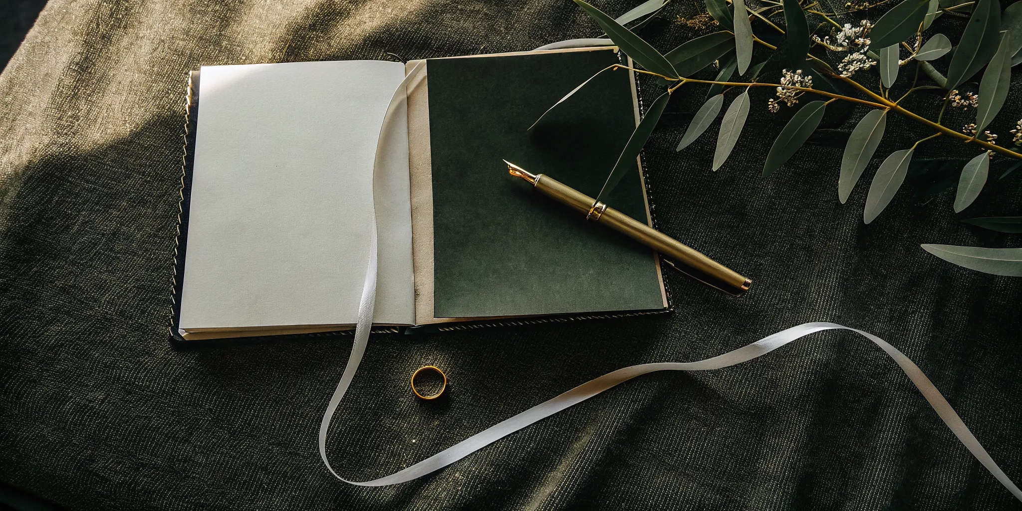 An open vow book with a pen and wedding ring, for deciding who says vows first.