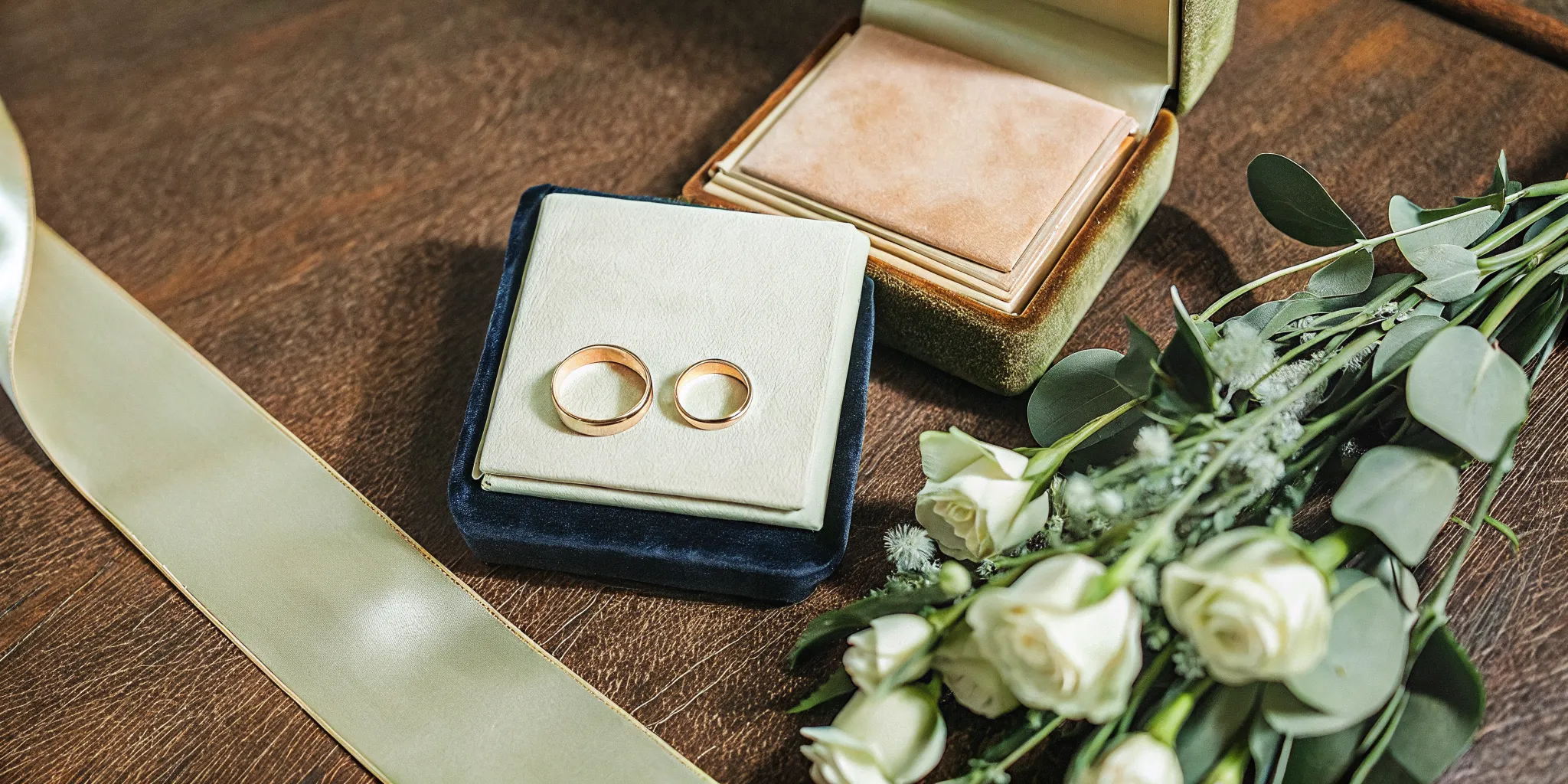 Classic wedding rings in a box for a ceremony with traditional ring exchange wording.
