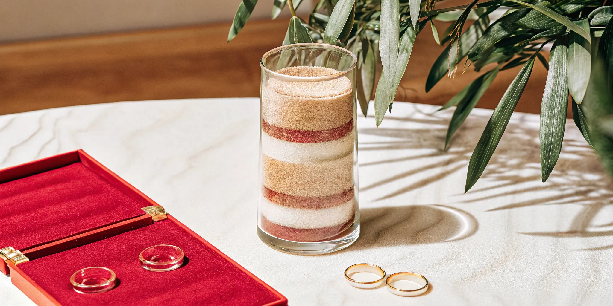 A completed wedding sand ceremony vase with colorful layers of sand and two wedding rings.
