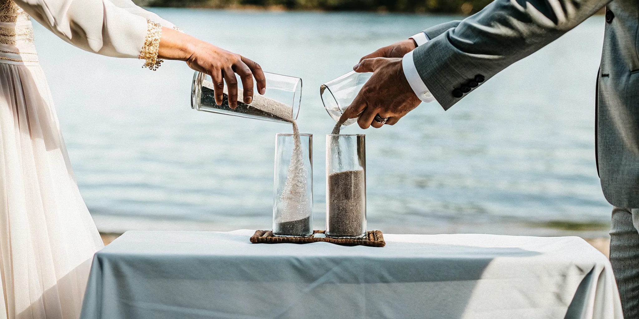 Bride and groom pour sand into a vase during their wedding sand ceremony.