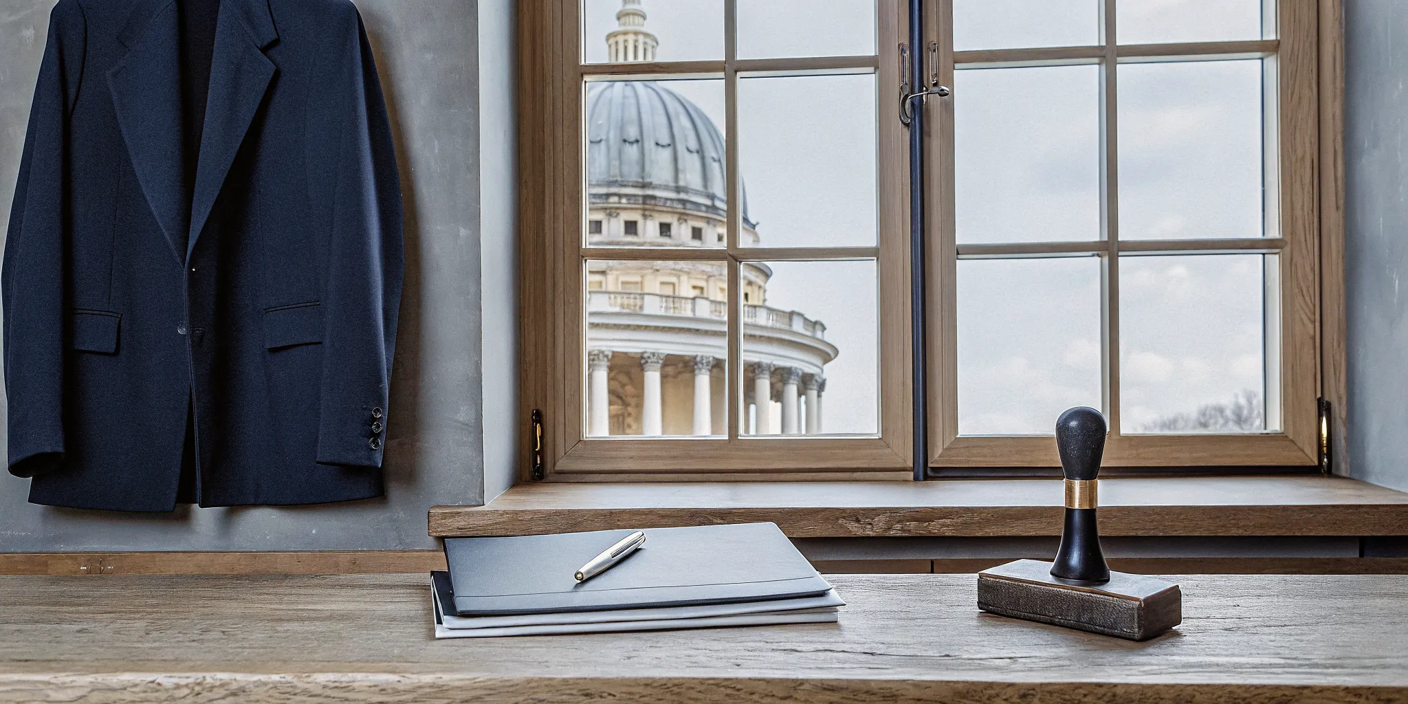 Ohio minister license application on a desk with a pen, stamp, and a view of a courthouse.
