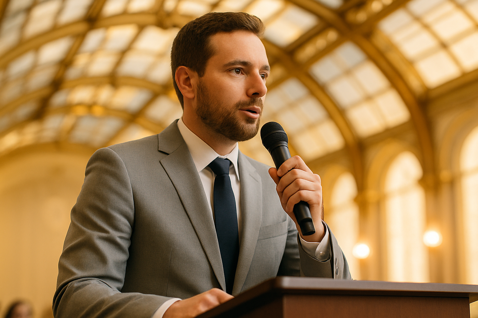 Wedding officiant speaking into a handheld microphone at a podium during a formal ceremony.