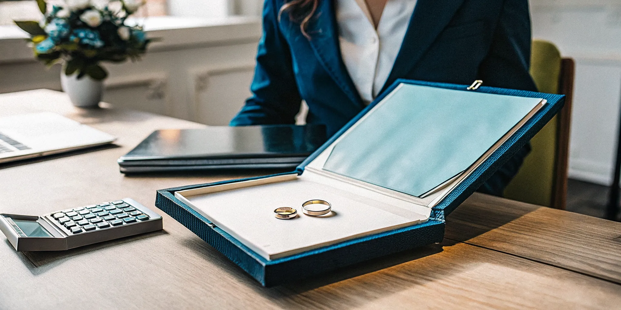A certified wedding officiant reviews legal documents next to wedding rings on a desk.