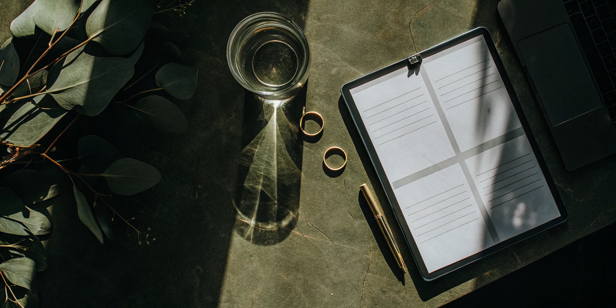 A modern wedding ceremony script on a clipboard with rings, ready for free PDF download.