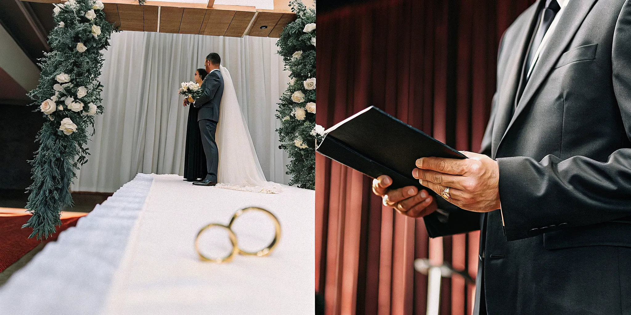 A celebrity officiant from the Universal Life Church marries a couple at their wedding ceremony.