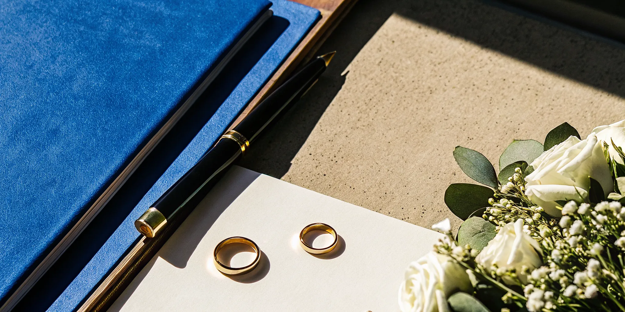 Legal requirements for a wedding ceremony with rings, a pen, and official documents.