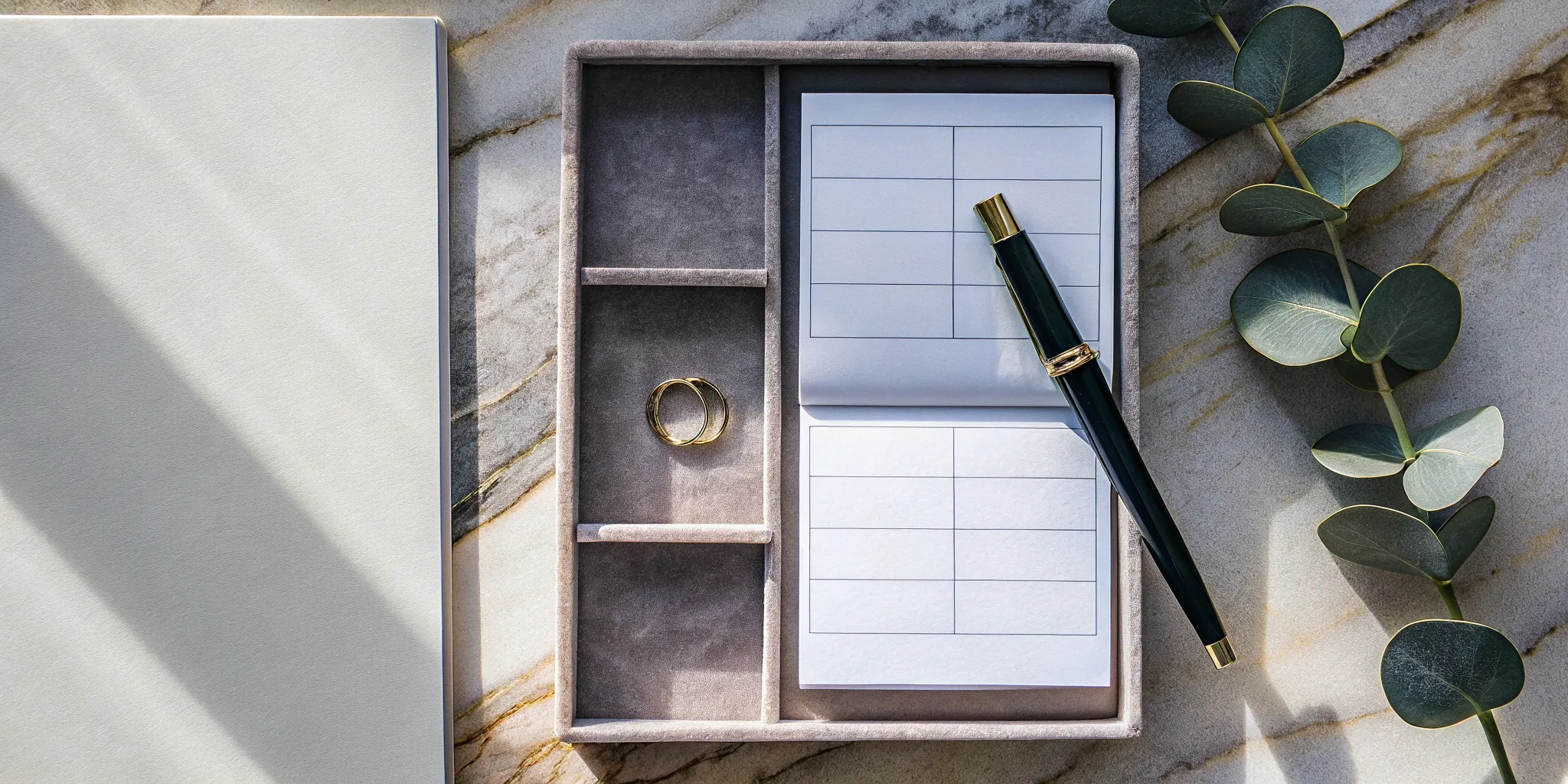 Wedding ceremony script template on a notepad with a pen and wedding rings.