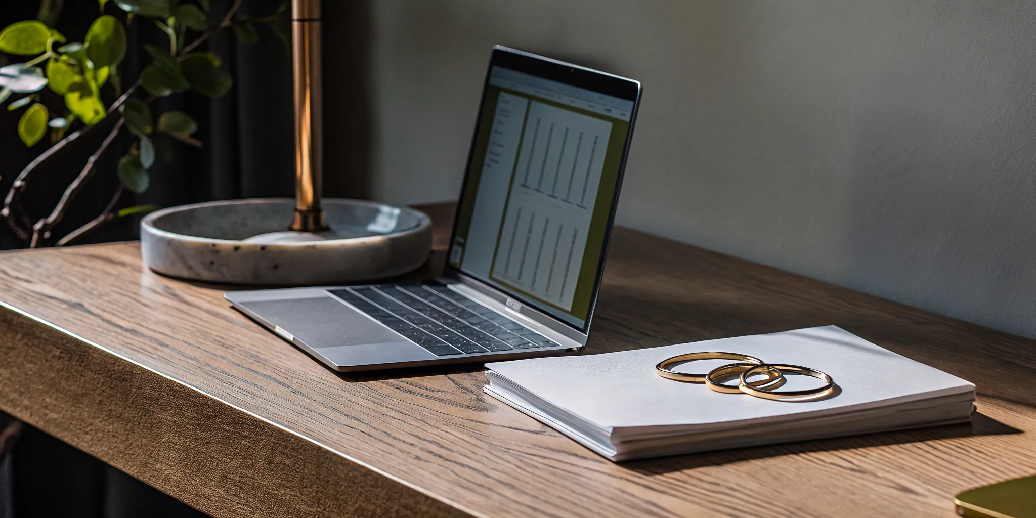 A desk with a laptop and documents for an online officiant certification.