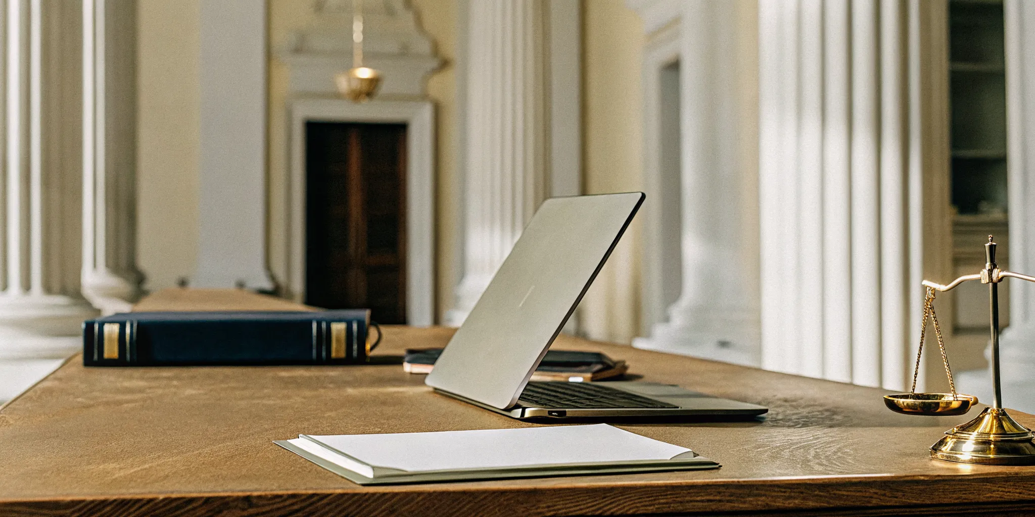 Laptop, law book, and scales of justice on a desk for a legitimate online ordination.