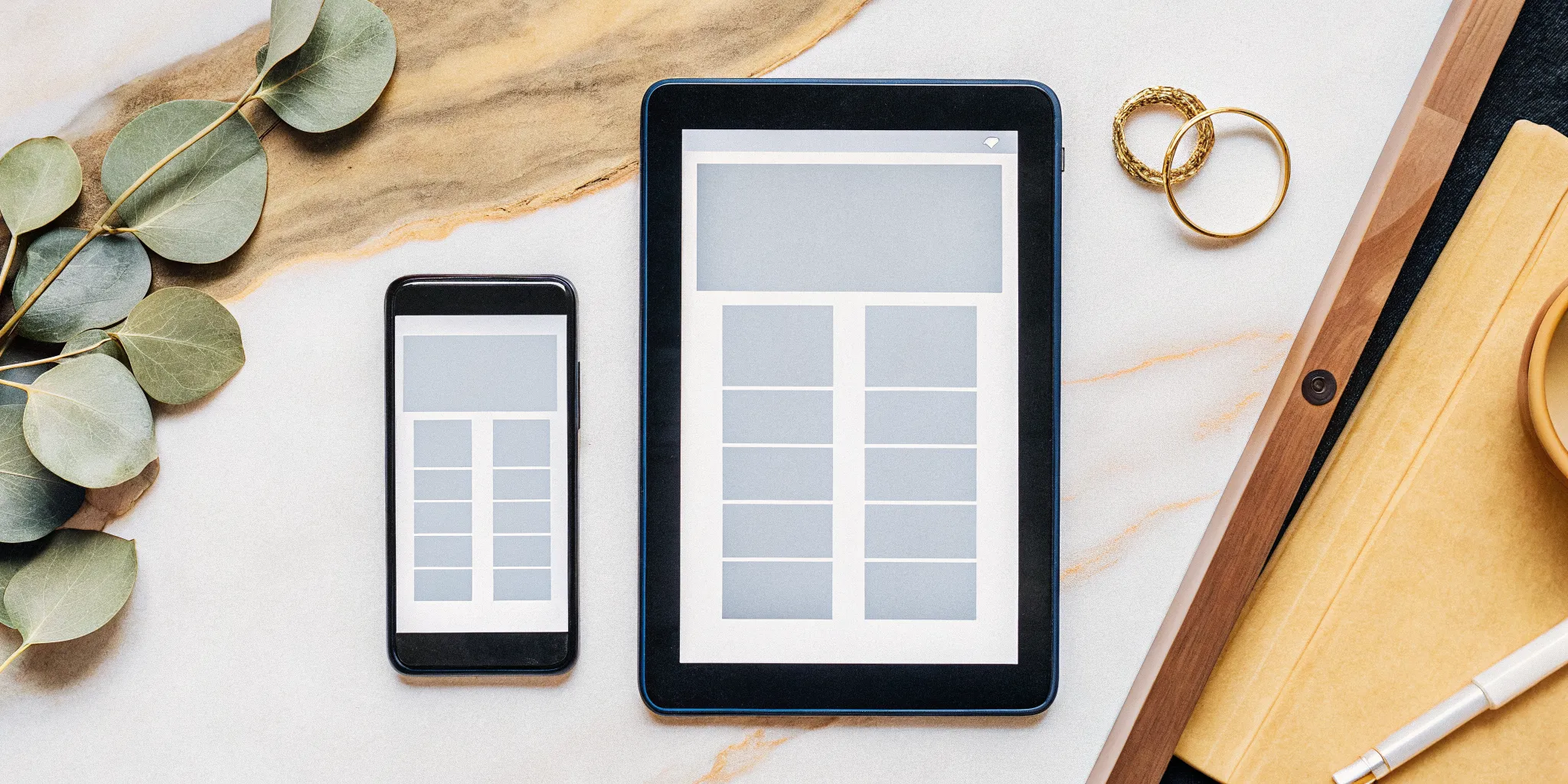 A unique wedding ceremony script PDF on a tablet next to wedding rings.