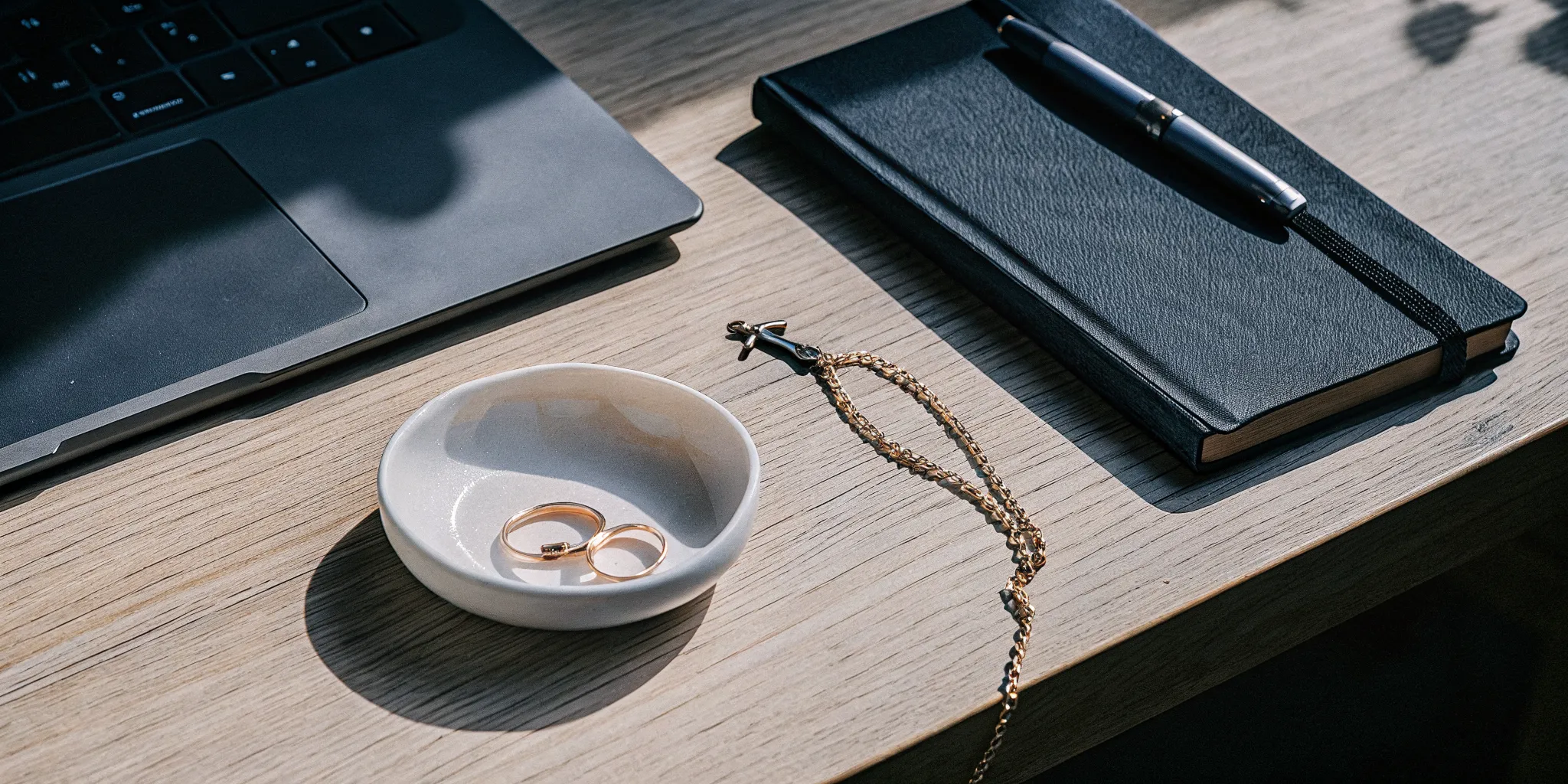 Crafting a Christian wedding testimony with a Bible, wedding rings, and a laptop.
