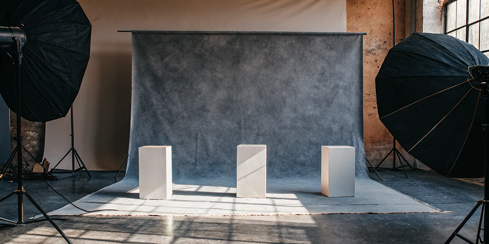 Three pedestals in a studio setting, outlining the steps to become a wedding officiant.