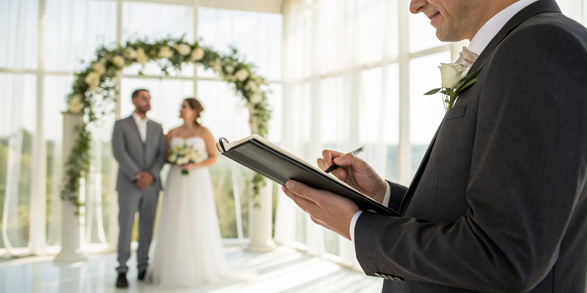 Officiant leads a couple through their traditional wedding vows from a book.