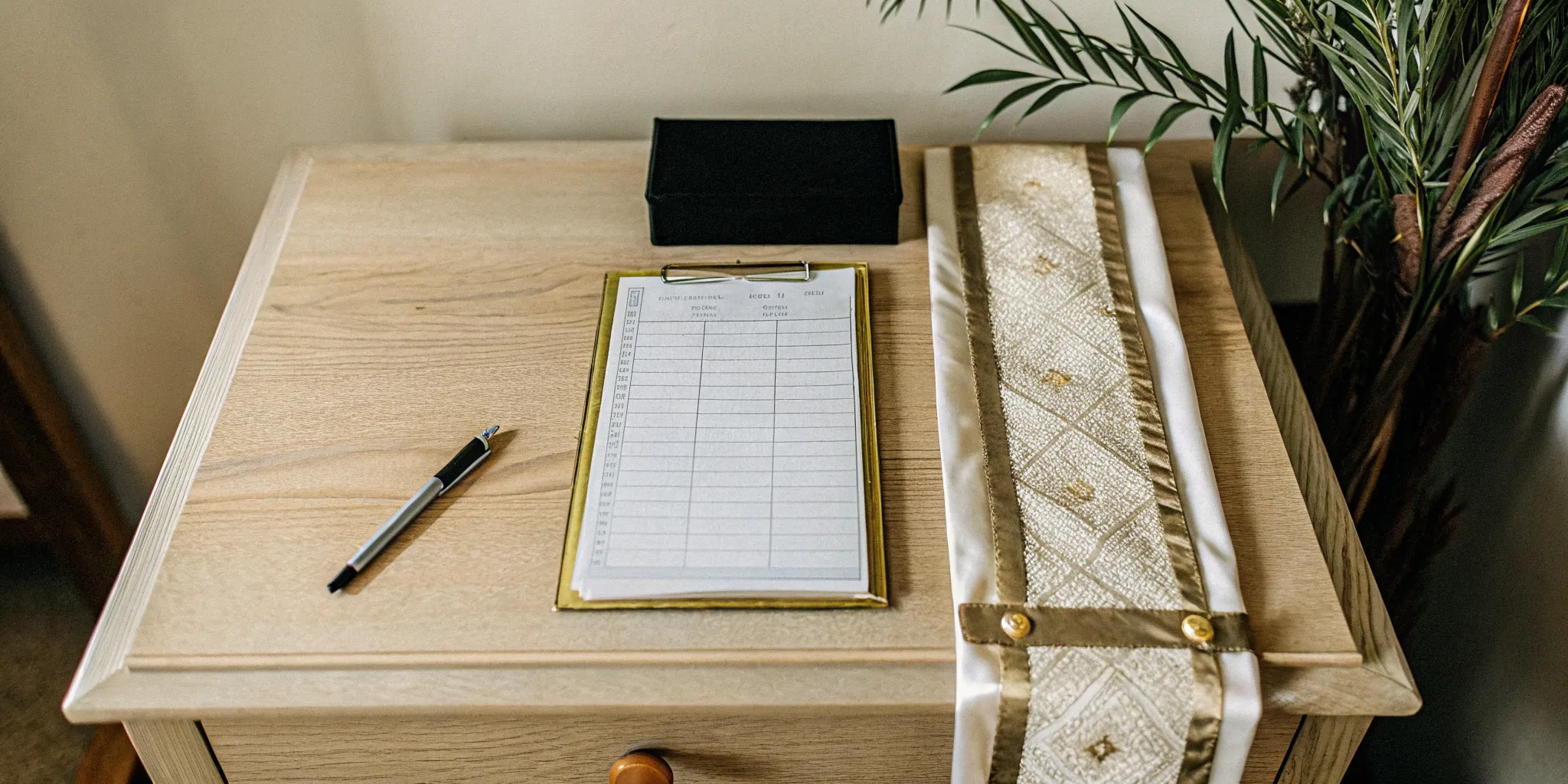 A neatly organized checklist on a wooden desk with a minister's stole, ordination certificate, and a pen