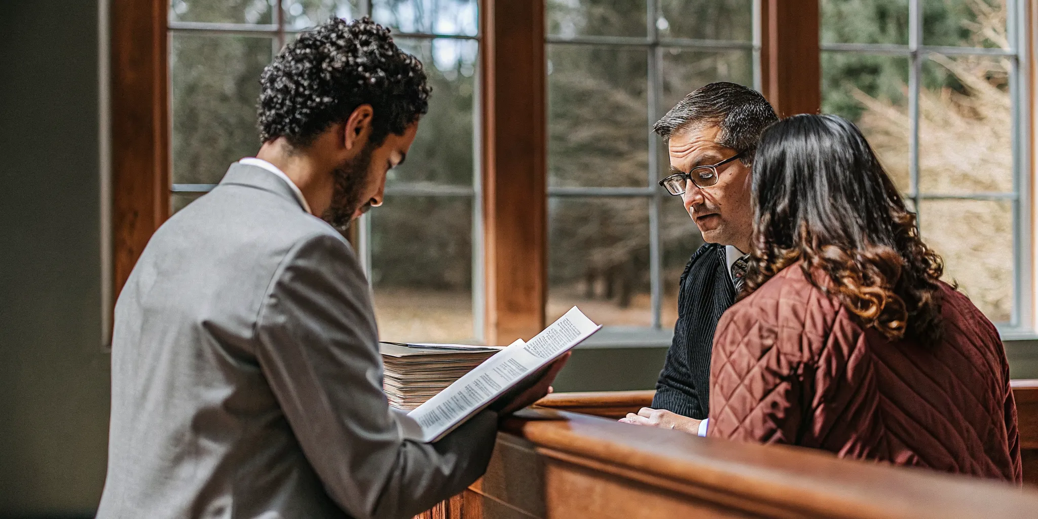An ordained minister speaking with a couple at a table reviewing wedding documents together