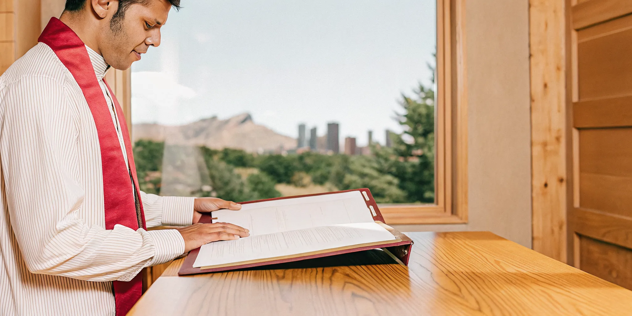 Ordained minister organizing credentials and ministry records in Denver