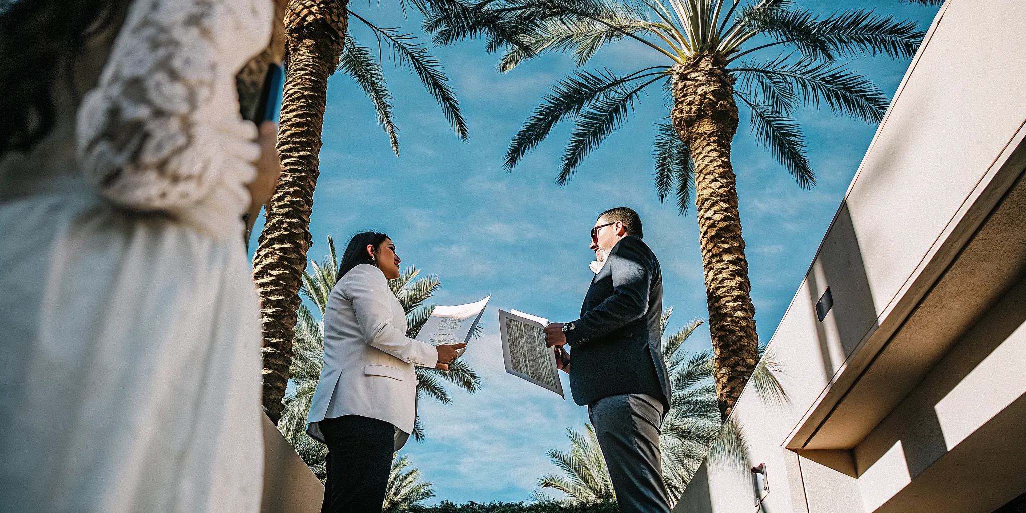 A professional wedding officiant holding legal marriage license papers outside under palm trees in sunny Phoenix, Arizona