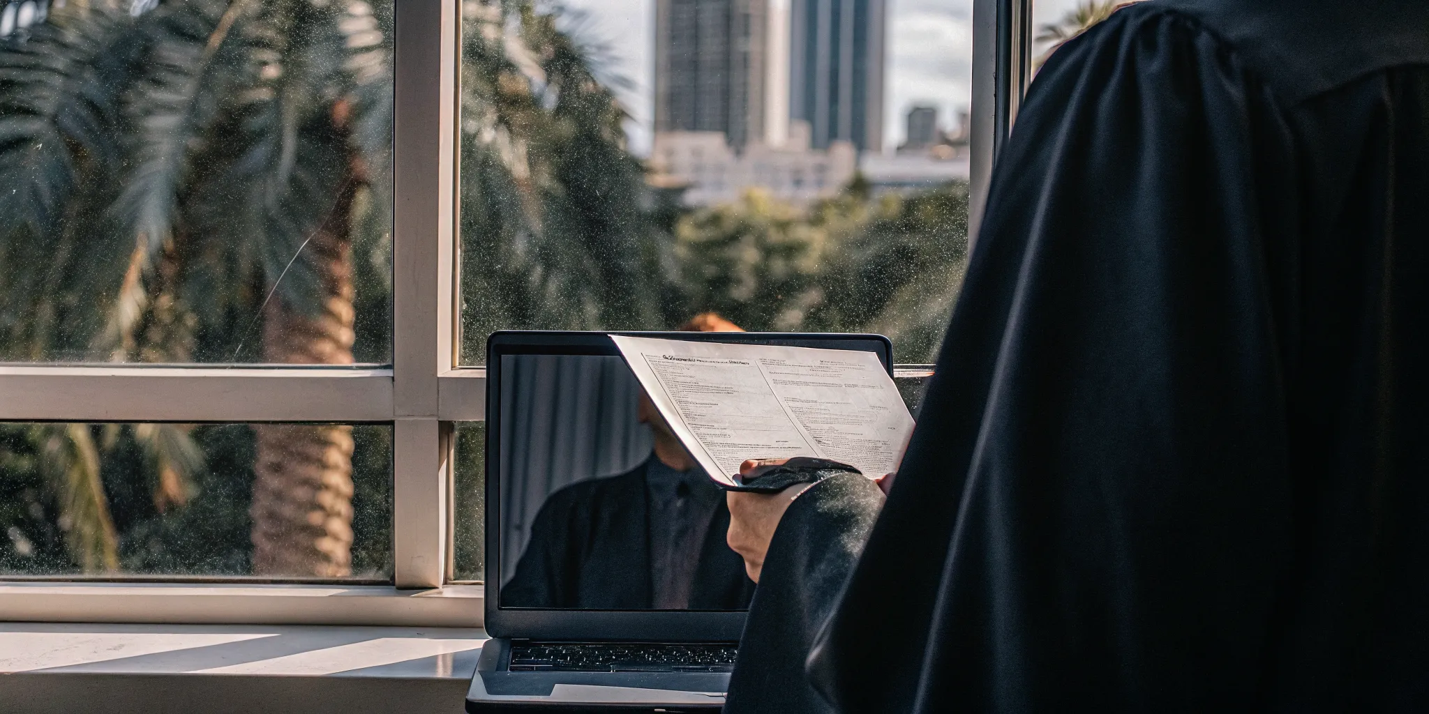 Person holding ordination certificate with laptop and Miami skyline in background