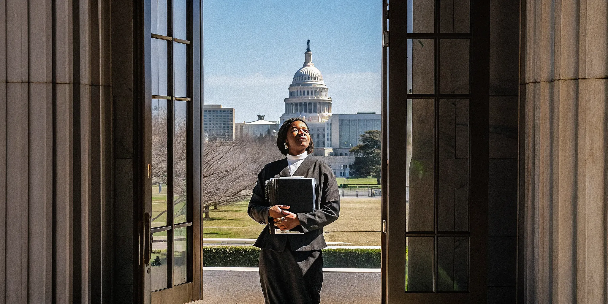Person holding an ordination certificate in front of the Washington DC skyline with the US Capitol building visible