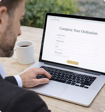 Applicant completing an online ordination form on a laptop.