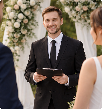 Ordained wedding officiant leading an outdoor ceremony.