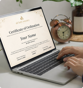 Digital All Faith Ministry certificate of ordination displayed on a laptop.
