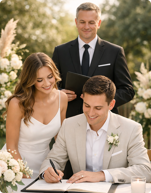 Wedding officiant standing behind a couple as they sign their marriage documents.