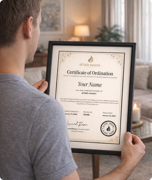 Person holding a framed All Faith Ministry certificate of ordination.