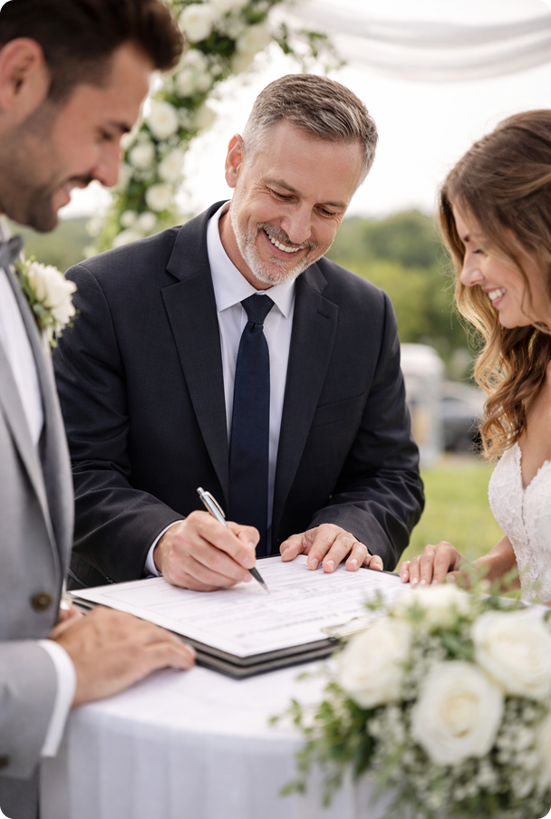 Ordained minister signing a marriage license with a newly married couple.