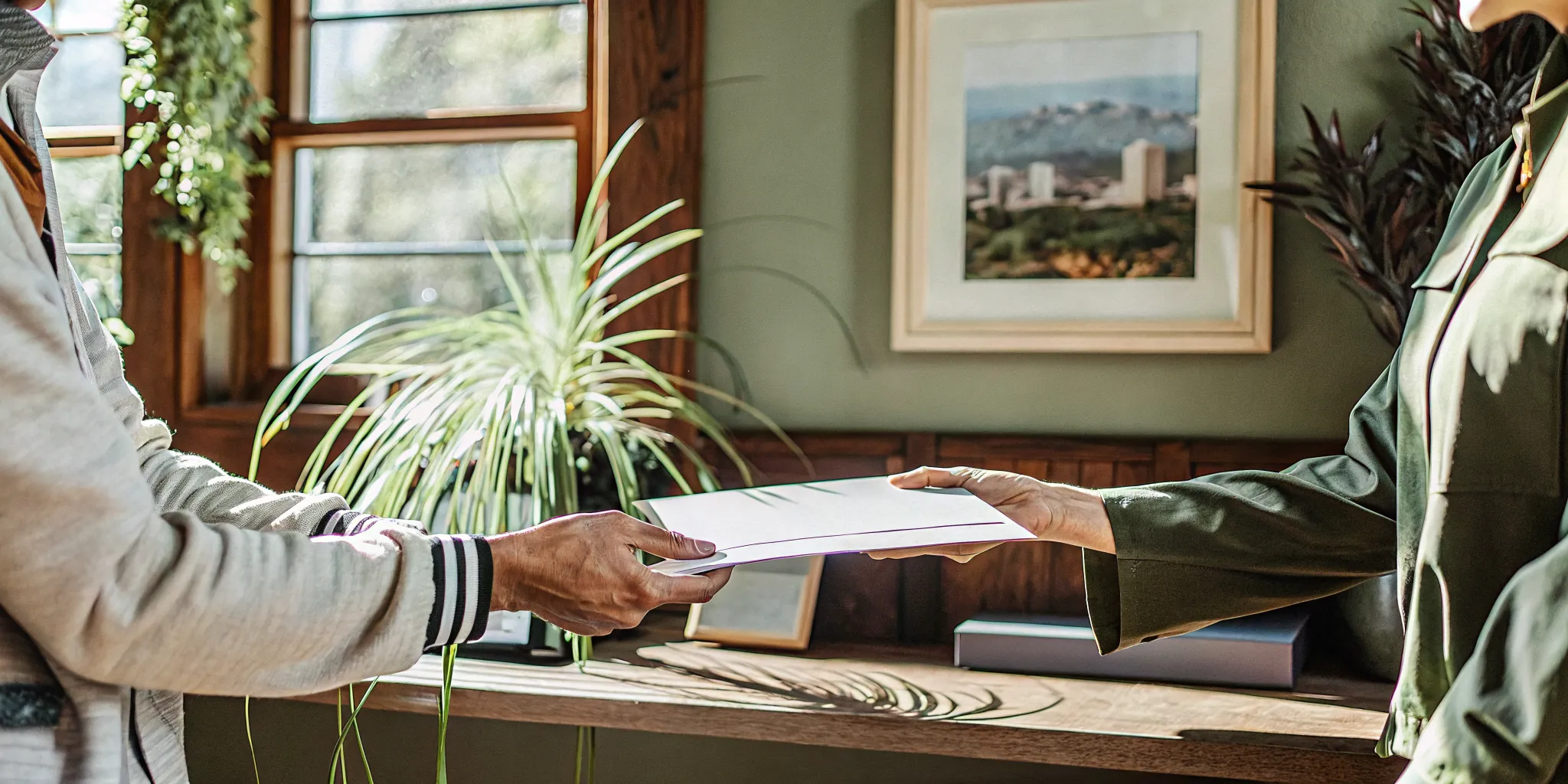 Person reviewing ordination documents in a bright Portland office with natural light and plants