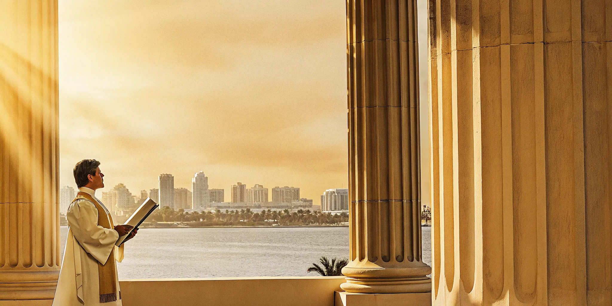 Newly ordained minister standing in front of the San Diego skyline with their ordination certificate