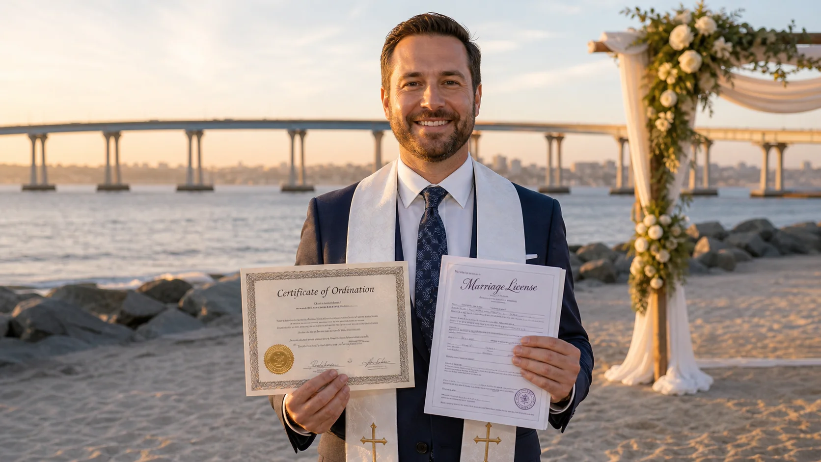 Ordained minister holding credentials at a San Diego beach wedding venue with the Coronado Bridge in the background