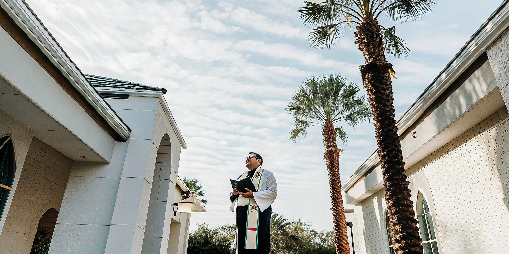Newly ordained minister holding credentials in a sunny Tampa courtyard
