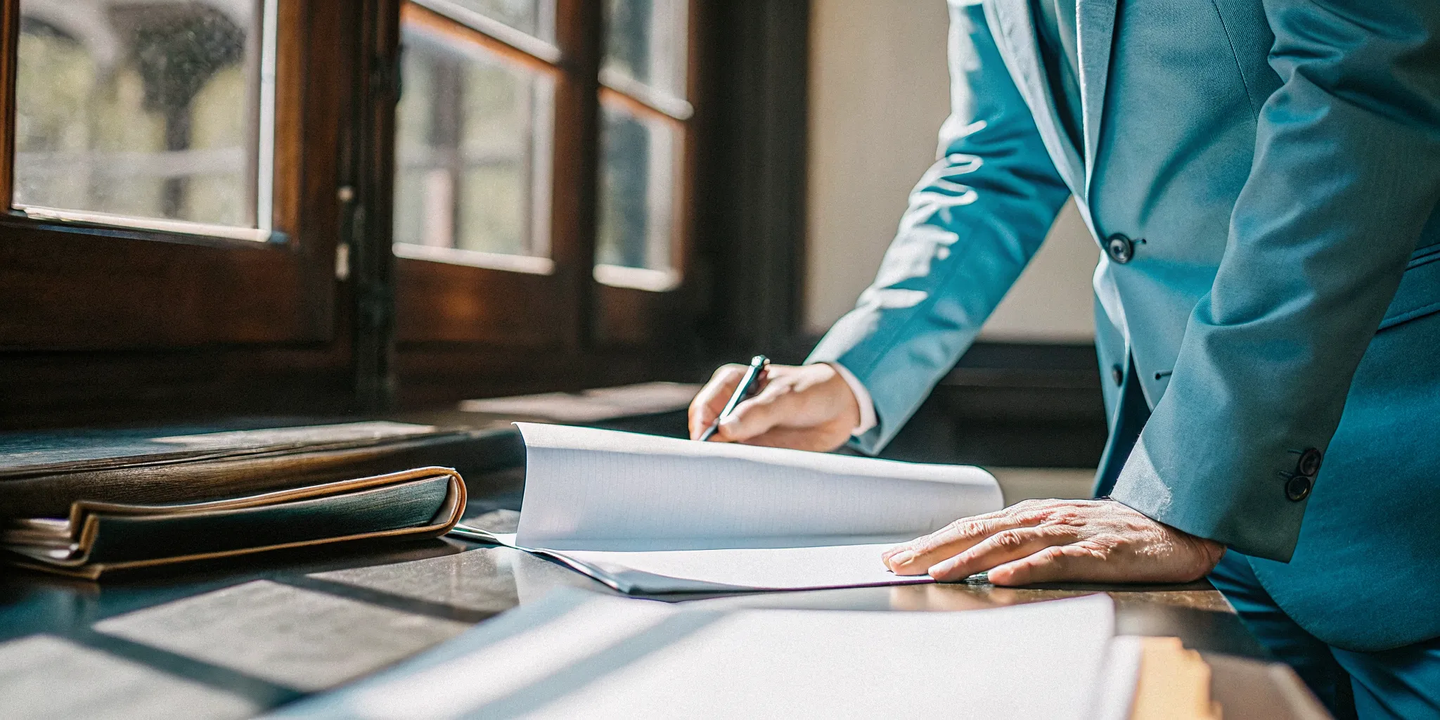 Officiant preparing an Ohio minister license application at a desk near a courthouse window