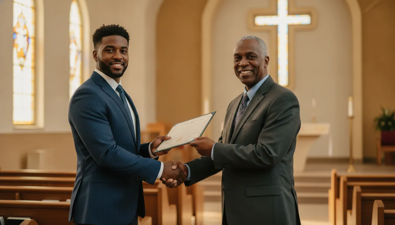 Newly certified minister receiving credentials from a church mentor in a Georgia chapel