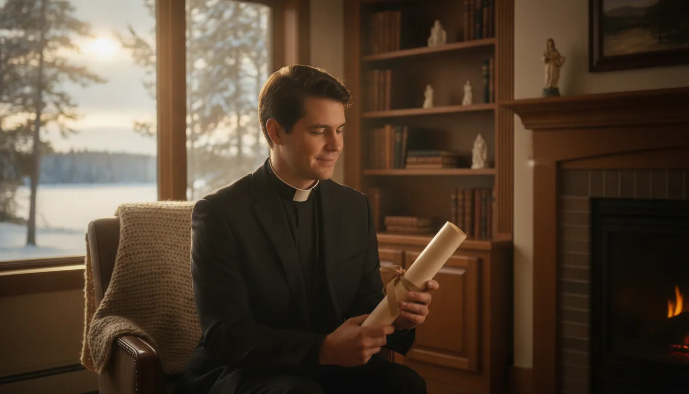 Newly ordained minister in Minnesota reviewing ordination credentials in a bright study