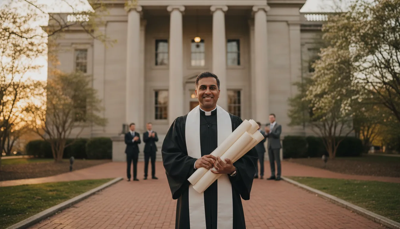 Newly ordained Georgia minister holding official ordination papers outside a courthouse